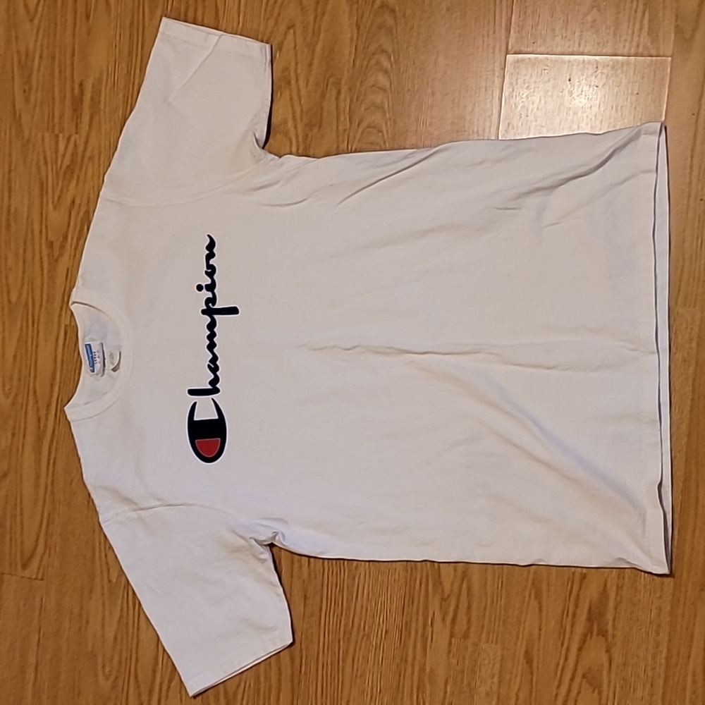 Champion Vintage Brand Script Logo White Shirt Old Tag Size Large